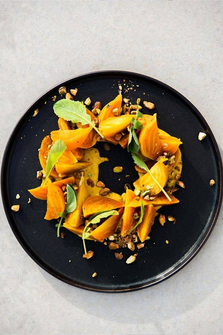 Poached Golden Beets With Curry Dressing And Pistachios