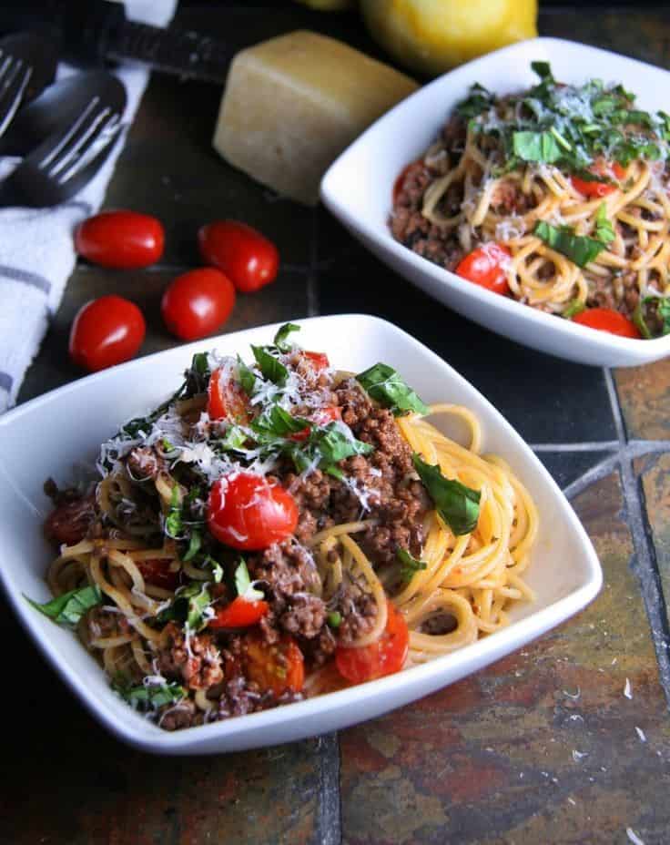 Summer ‘Bolognese’ With Fresh Grape Tomatoes, Kalamata Olives And Lemon