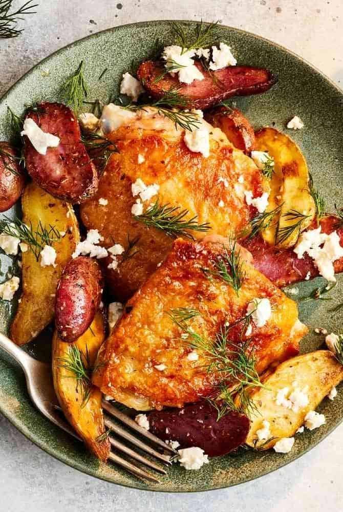 Hot Honey Chicken Thighs With Lemon-Oregano Potatoes