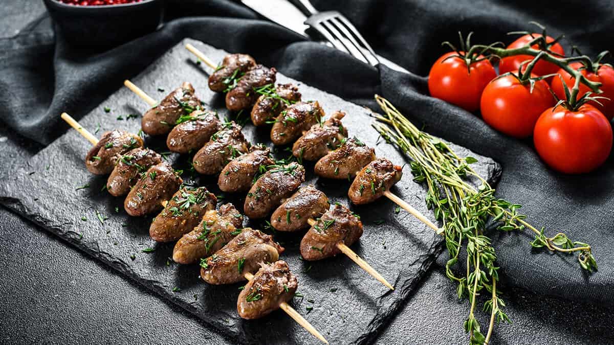 Skewered Chicken Hearts Wrapped In Bacon