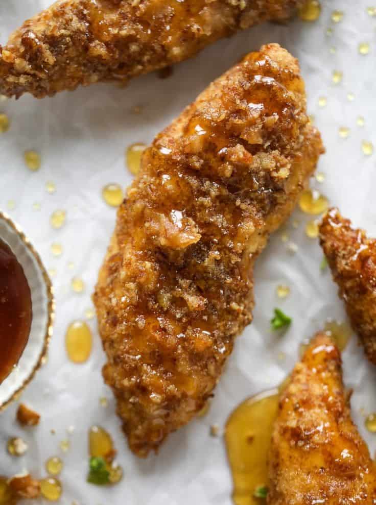 Hot Honey Pretzel Chicken Fingers With House Sauce