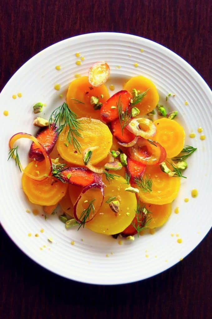 Marinated Golden Beet Salad With Carrots, Dill, And Pistachios