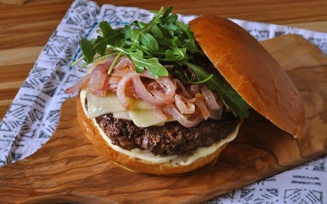 Venison Burgers With White Wine Braised Onions & Cheddar Cheese