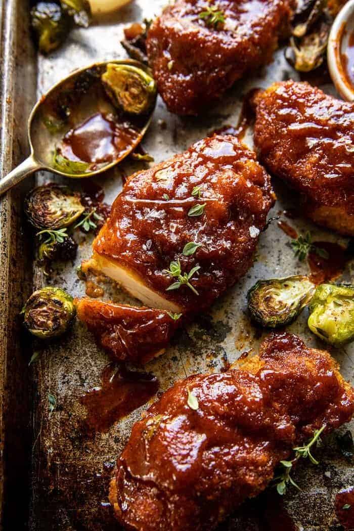 Sheet Pan Hot Honey Mustard Chicken And Crispy Brussels Sprouts