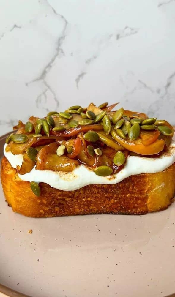 Whipped Cottage Cheese On Toast With Caramelized Apples & Pumpkin Seeds