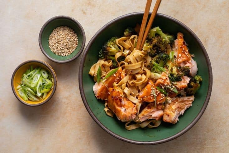 Sheet Pan Hot Honey Salmon Noodle Bowls