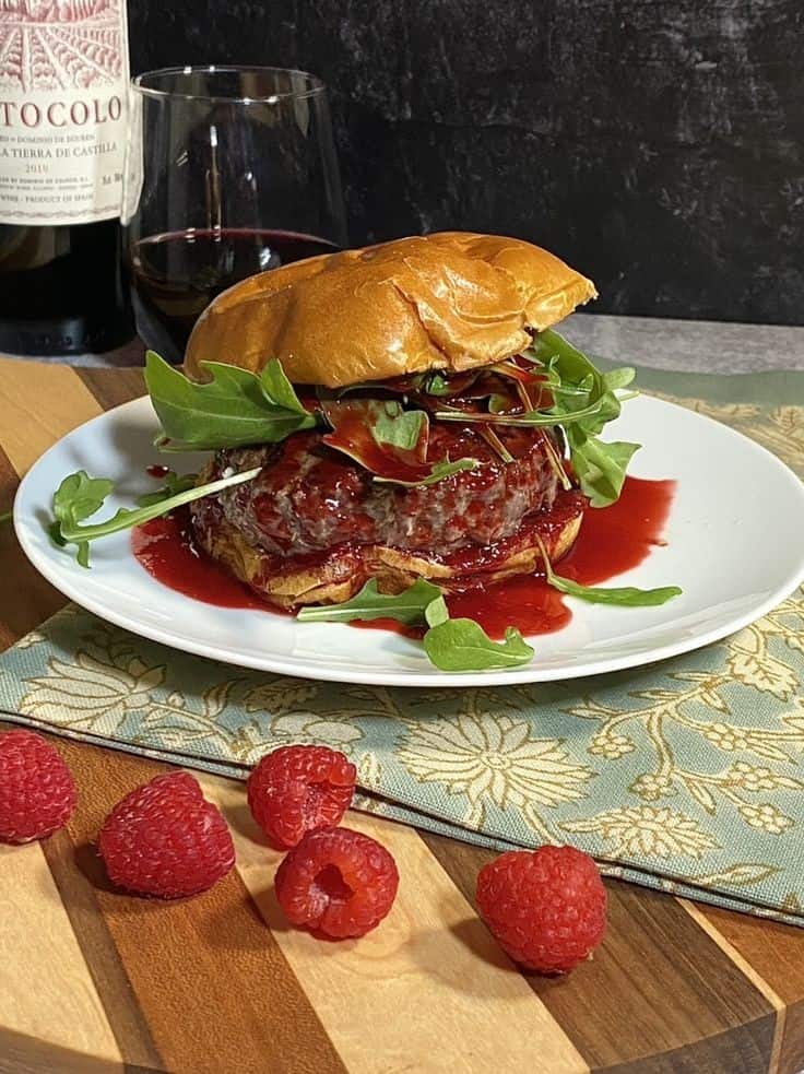 Venison Burgers With Goat Cheese, Arugula, & Raspberry Sauce