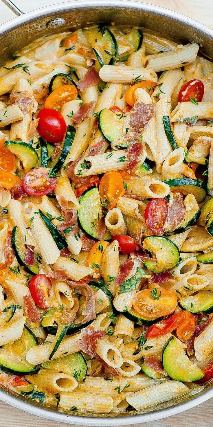 Creamy Prosciutto Pasta With Zucchini And Grape Tomatoes