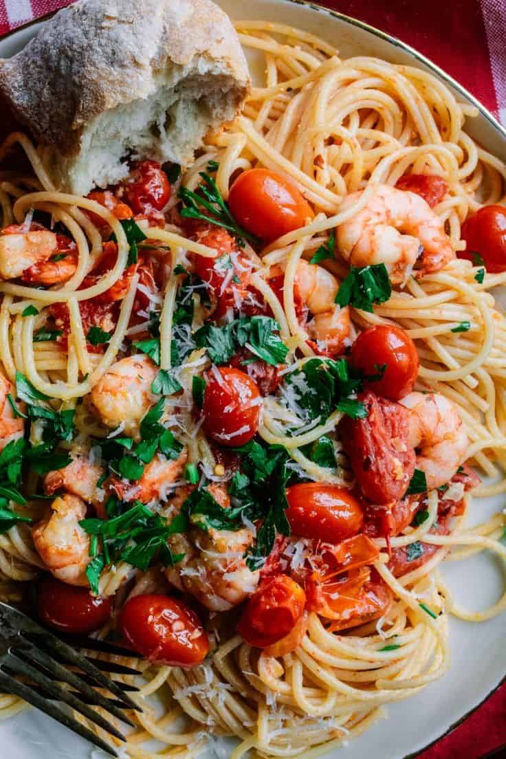 Pasta With Spicy Garlic Shrimp & Burst Grape Tomatoes