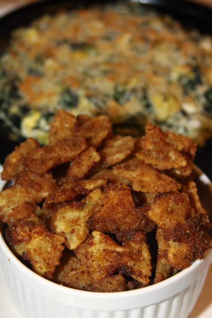 Cheesy Spinach And Artichoke Dip With Fried Bow-Tie Pasta Dippers