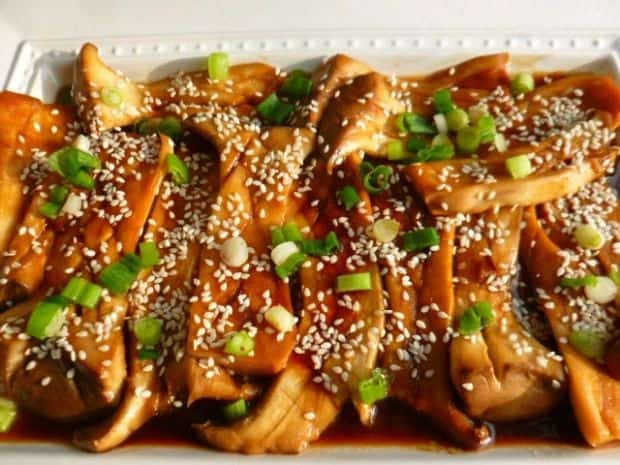 King Oyster Mushrooms With Soy Sauce, Maple Syrup And Sesame Oil