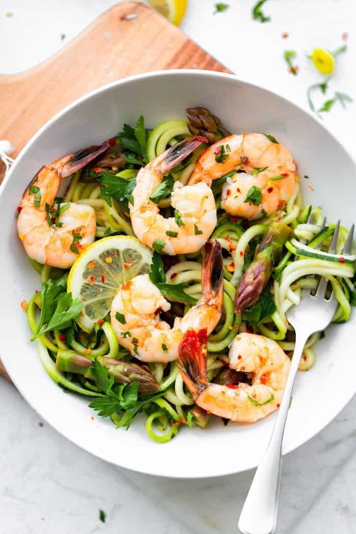 Garlic Shrimp & Asparagus with Zucchini Noodles