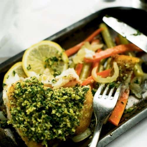 Herb-Crusted Golden Tilefish On Collard Stems Barigoules