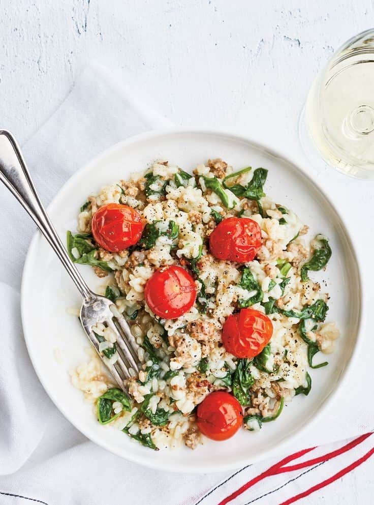 Risotto With Ground Veal, Spinach, And Roasted Tomatoes