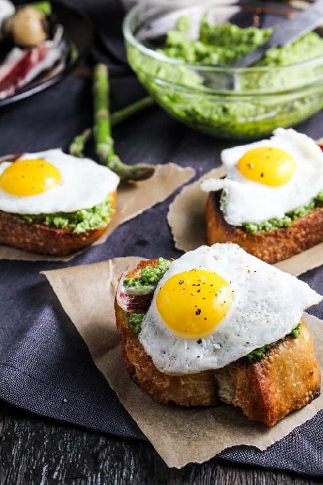 Duck Fat Toasts With Quail Eggs And Asparagus Pesto