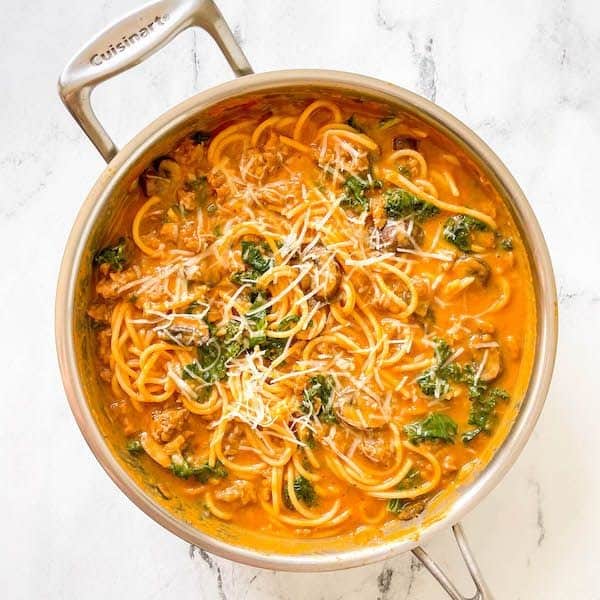 Pumpkin Pasta With Ground Turkey, Mushrooms & Kale