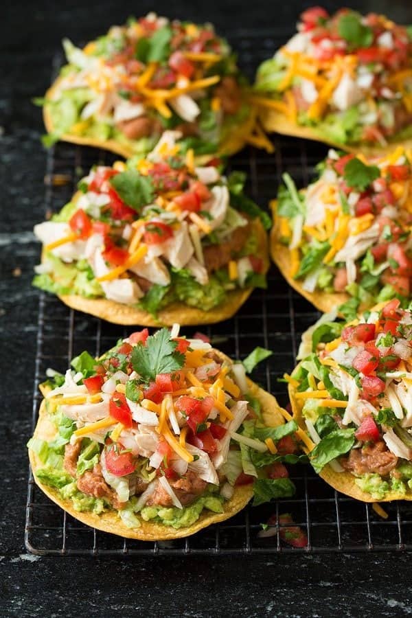 Tostadas {with Chicken Guacamole and Beans}