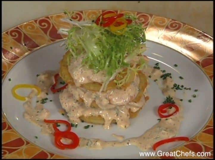 Crispy Mirliton And Spicy Shrimp Napoleon With Tomato Remoulade