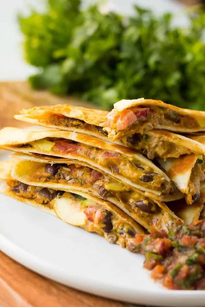 Cheesy Vegan Quesadillas with Black Beans and Vegetables