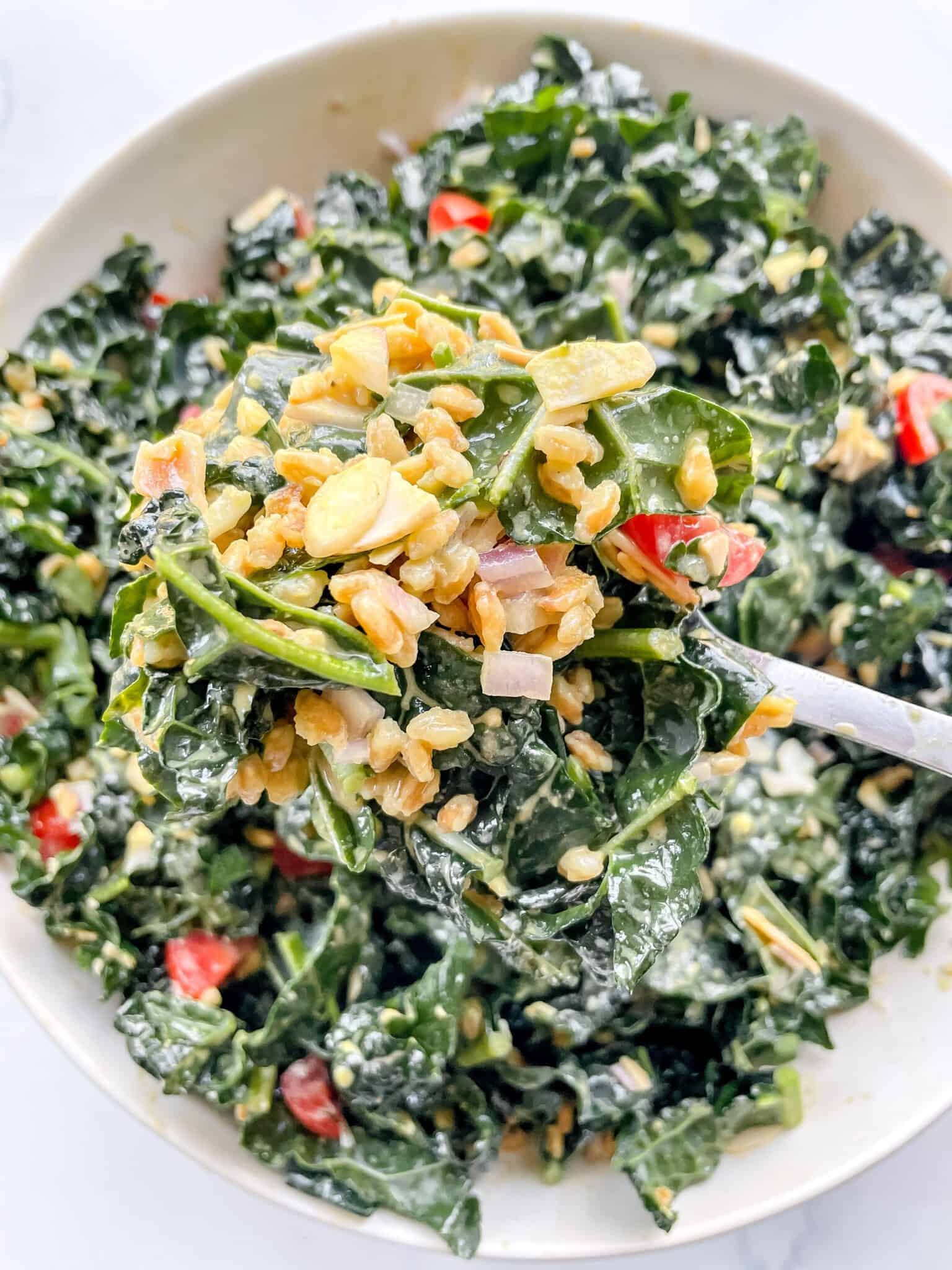 “Cheesy” Vegan Kale Salad with Farro