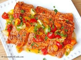 Pan Seared Wild Coho Salmon With Fresh Tomato Scallion Salsa