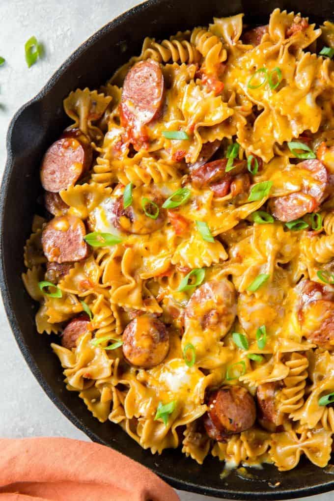 One Pot Cheesy Smoked Sausage Pasta Skillet