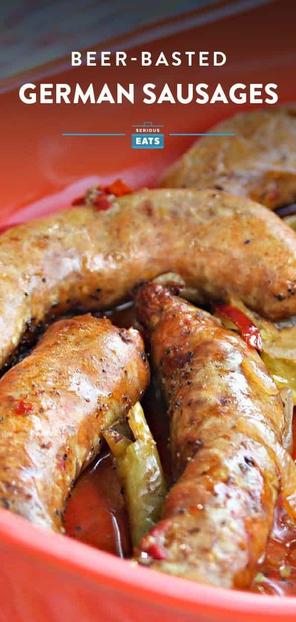 Beer-Basted German Sausages With Quick-Pickled Peppers And Onions