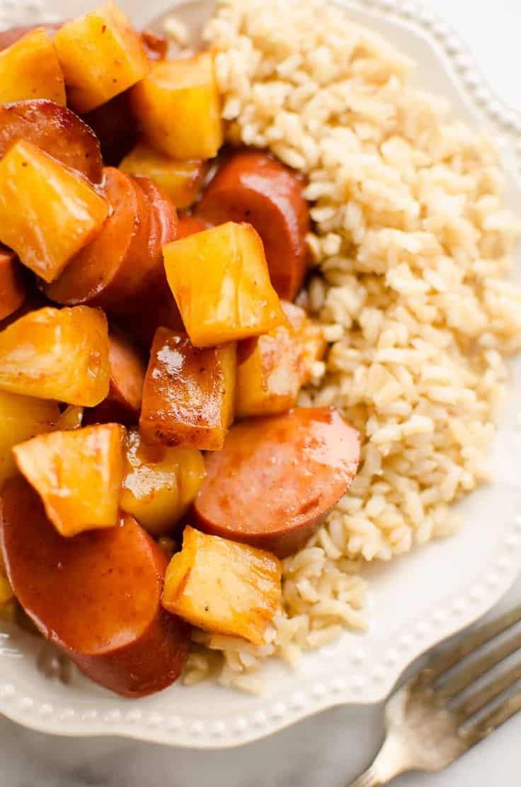 Crock Pot BBQ Turkey Kielbasa & Pineapple