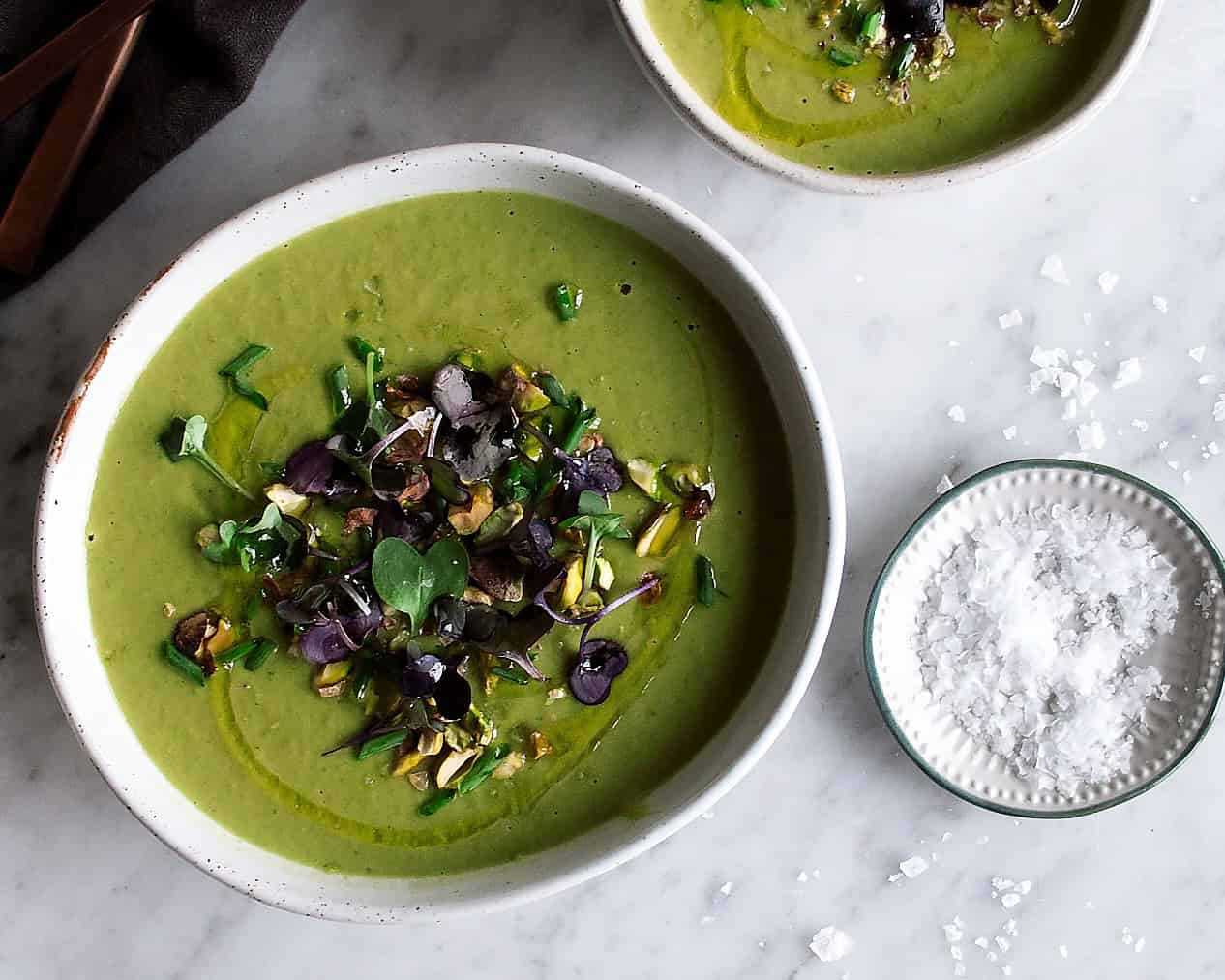 Green Pea Soup with Yogurt Dill Cream Sauce