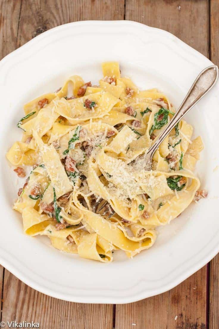 Fresh Pappardelle Carbonara With Arugula