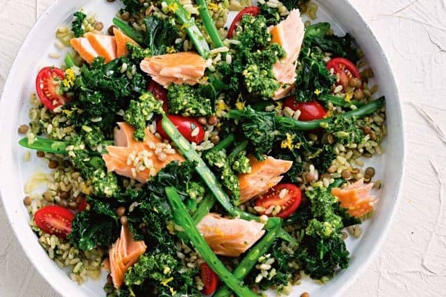 Rice and lentil salad with kale pesto and salmon