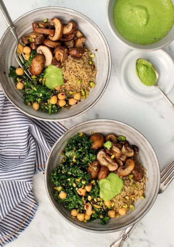 Kale Pesto Mushroom Pistachio Bowls