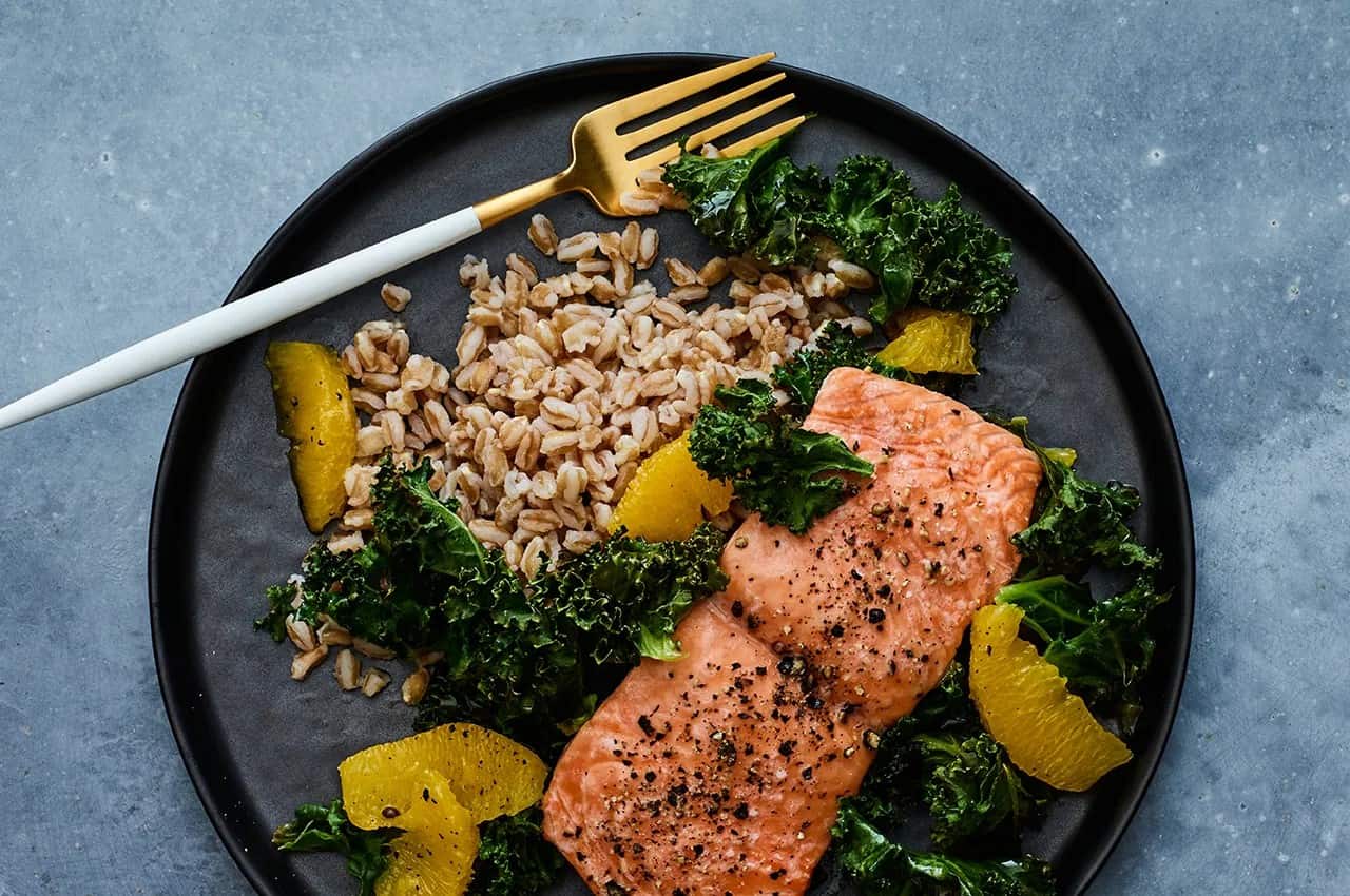 Sheet Pan Salmon With Kale, Orange, & Farro