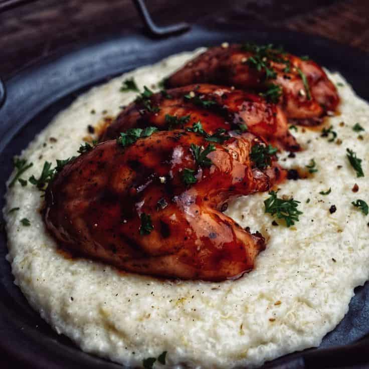 Peach Barbecued Quail & Smoked Cheese Grits