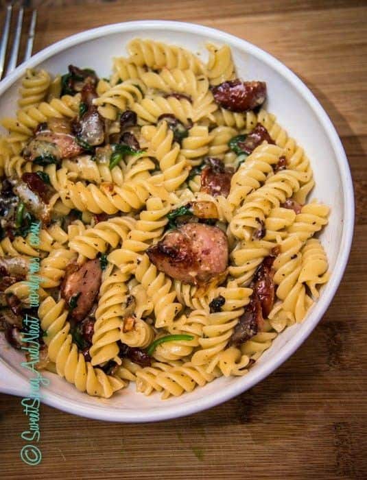 Pasta Carbonara With Baby Spinach & Kielbasa