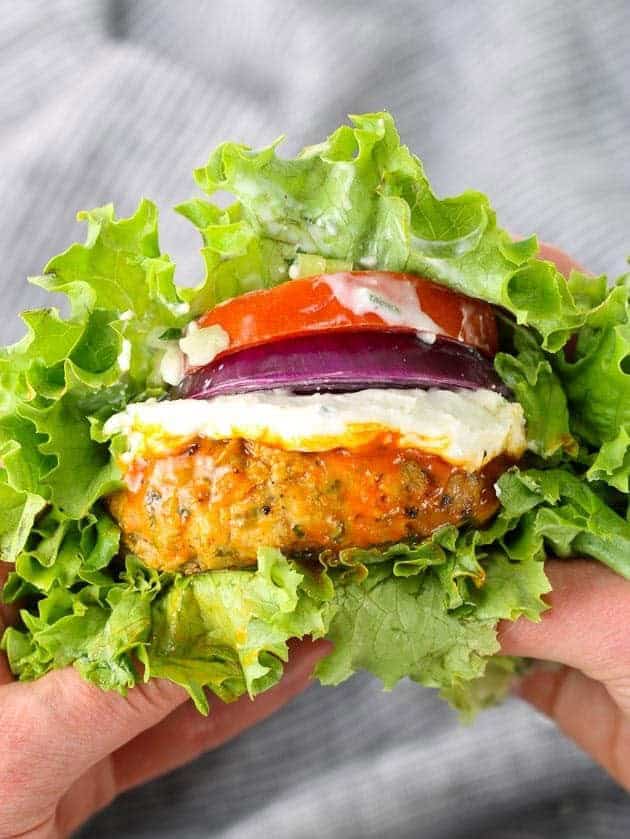 Buffalo Chicken Burgers with Blue Cheese Sauce