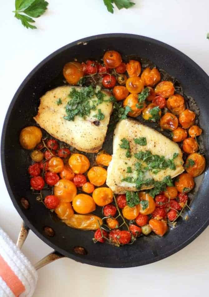 Slow-Roasted Halibut With Burst Tomatoes