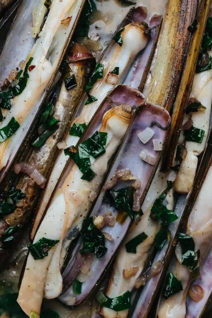 Steamed Razor Clams With Ramps And White Wine