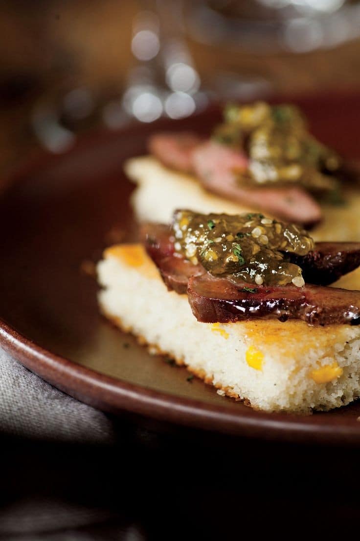 Sliced Dove Breasts On Cornbread Crostini With Green Tomato Marmalade