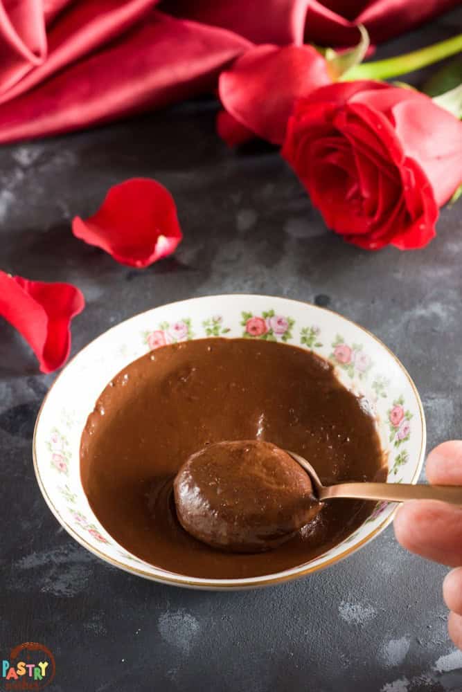 Hot chocolate soup with caramel brioche croutons