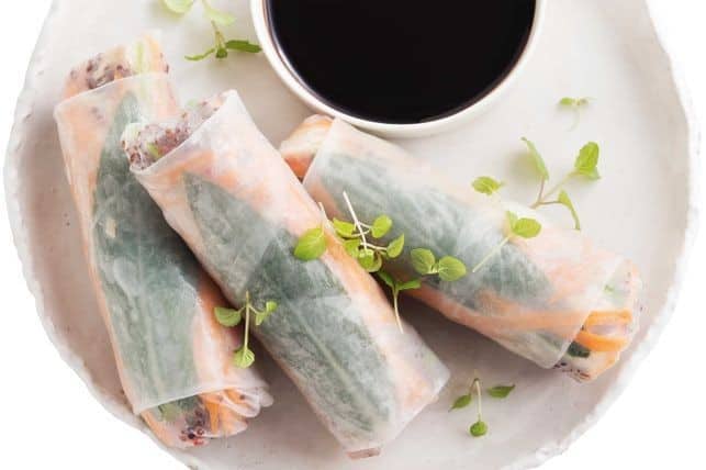 Salmon, quinoa and vegie rice paper rolls