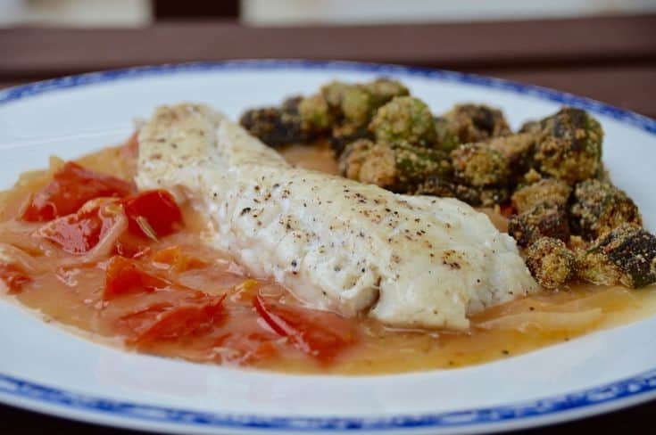 Blackfish (Tautog) With Creamy Tomatoes And Cornmeal Fried Okra