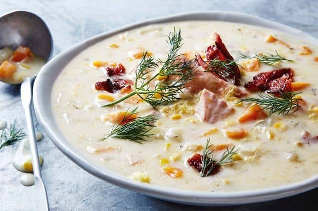 Potato, corn and salmon chowder