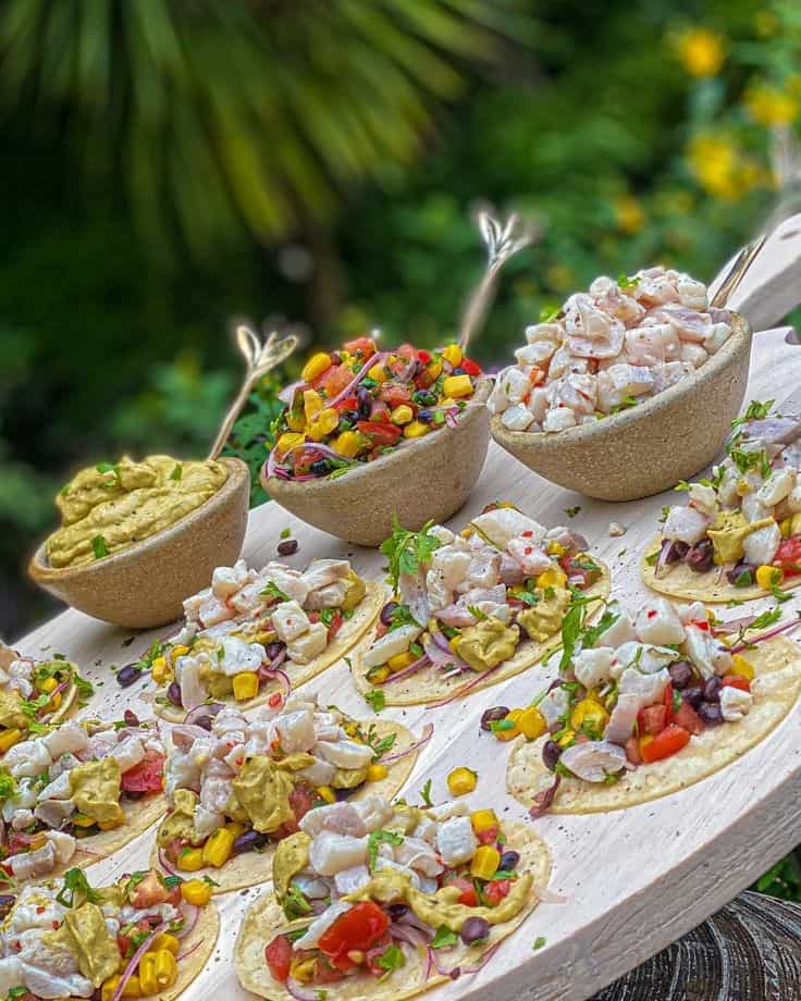 Yellowtail Ceviche Mini Tacos With Black-Bean Corn Salsa & Chipotle Avocado Cream