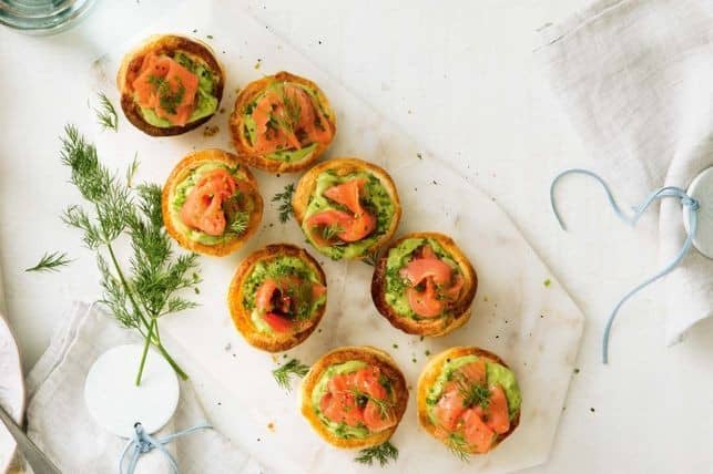 Smoked salmon, avocado and herb tarts