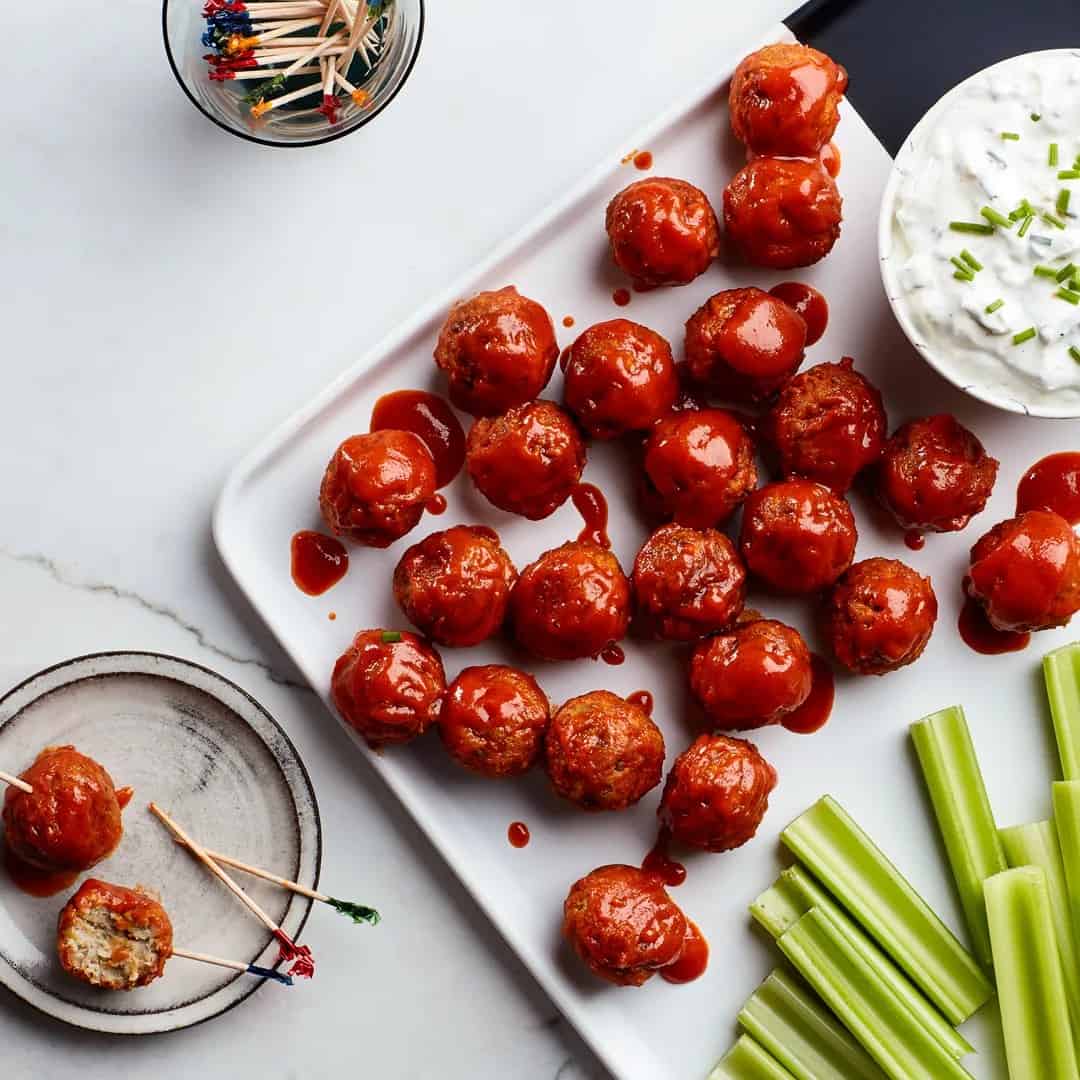 Vegetarian Buffalo “Meatballs” With Blue Cheese Dip