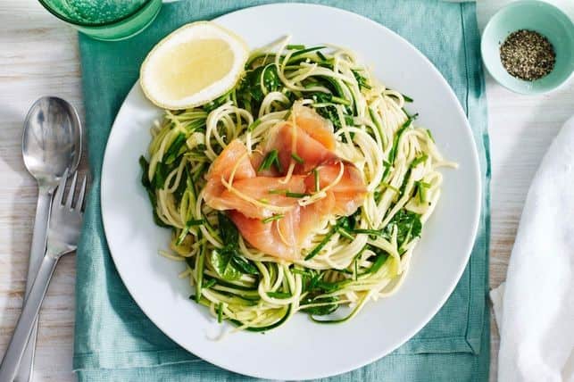 Smoked salmon pasta with zucchini, lemon and chives