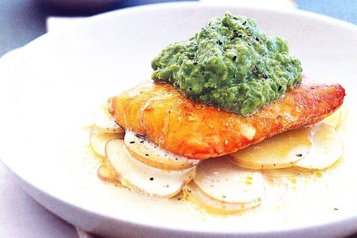 Smoked Cod & Potato Bake With Pea Puree