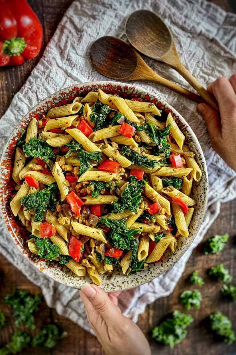 Penne Pasta With Kale and Vegan Italian Sausage