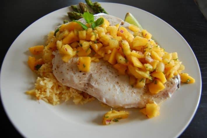 Sous Vide Wahoo With Pineapple Mango Mint Salsa